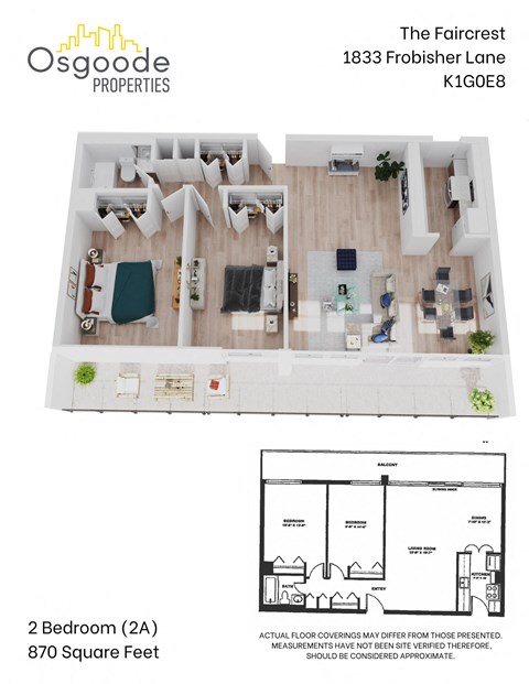 Floor plan for 2 beds, 1 bath, 870 sqft