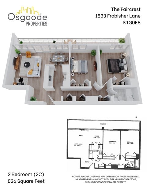 Floor plan for 2 beds, 1 bath, 826 sqft