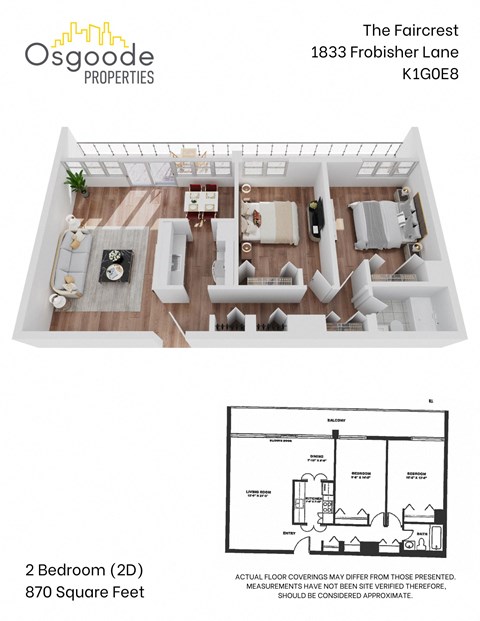 Floor plan for 2 beds, 1 bath, 870 sqft