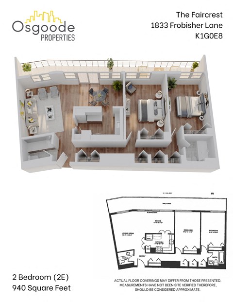 Floor plan for 2 beds, 1.5 baths, 940 sqft