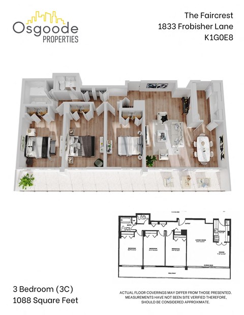 Floor plan for 3 beds, 2 baths, 1088 sqft