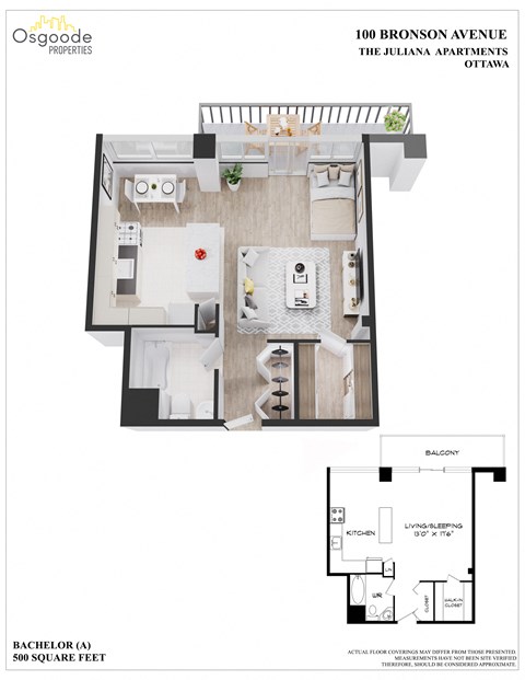 Floor plan for studio, 1 bath, 500 sqft