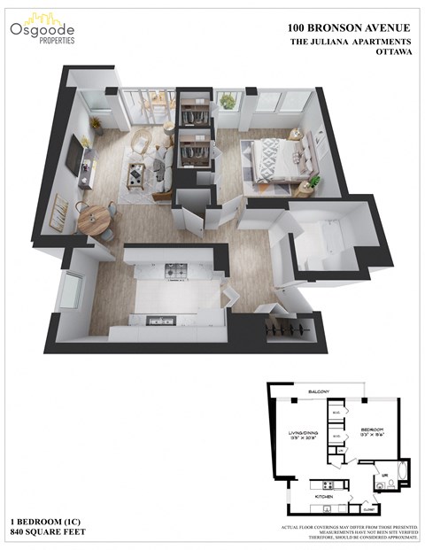 Floor plan for 1 bed, 1 bath, 840 sqft