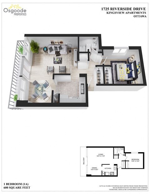 Floor plan for 1 bed, 1 bath, 600 sqft