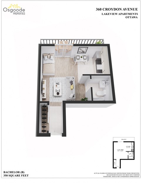 Floor plan for studio, 1 bath, 350 sqft