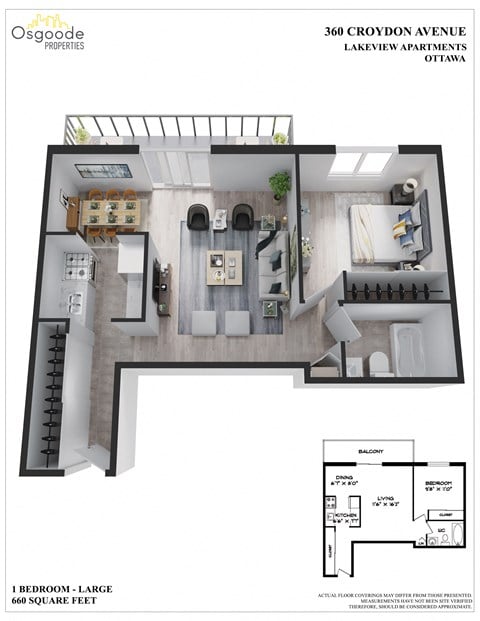 Floor plan for 1 bed, 1 bath, 660 sqft