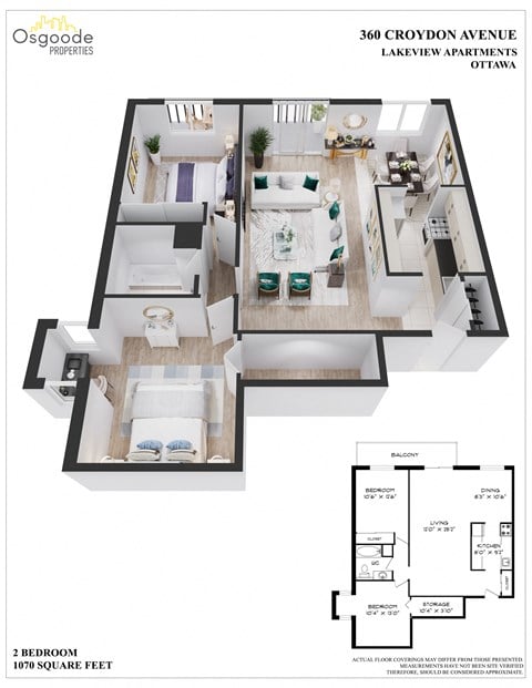 Floor plan for 2 beds, 1 bath, 1070 sqft
