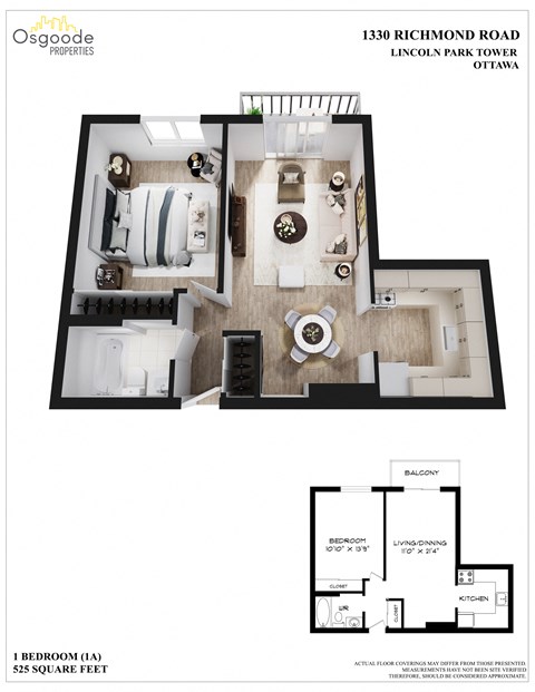 Floor plan for 1 bed, 1 bath, 525 sqft