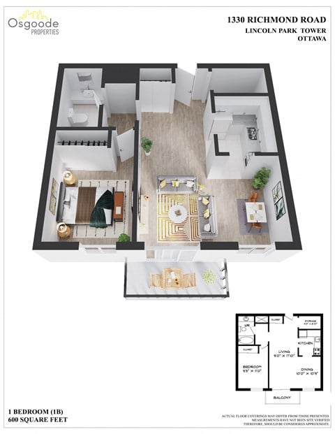 Floor plan for 1 bed, 1 bath, 600 sqft