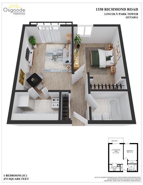 Floor plan for 1 bed, 1 bath, 473 sqft