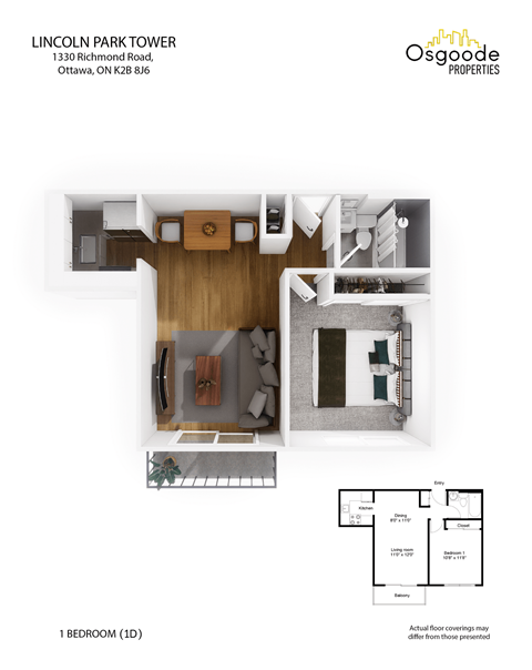 Floor plan for 1 bed, 1 bath, 512 sqft
