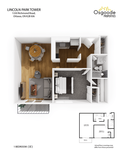 Floor plan for 1 bed, 1 bath, 644 sqft