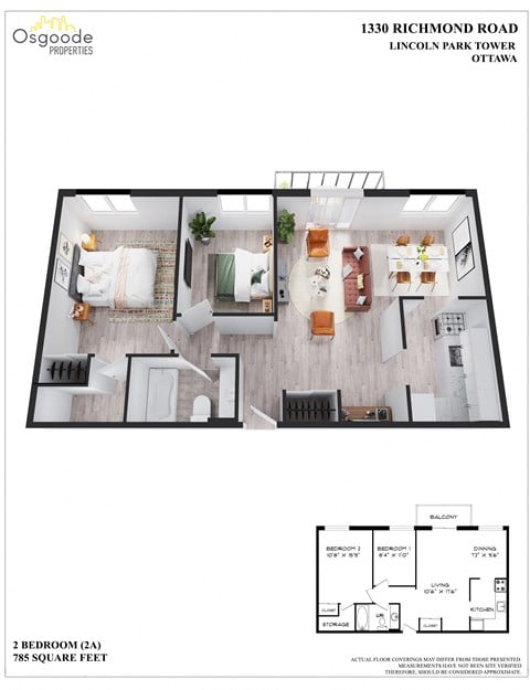 Floor plan for 2 beds, 1 bath, 785 sqft