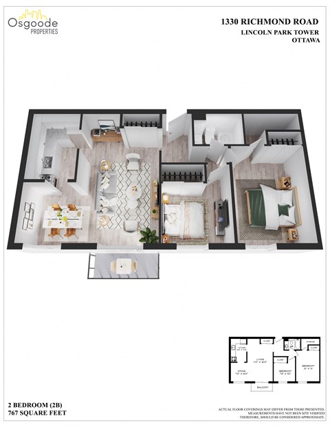 Floor plan for 2 beds, 1 bath, 767 sqft