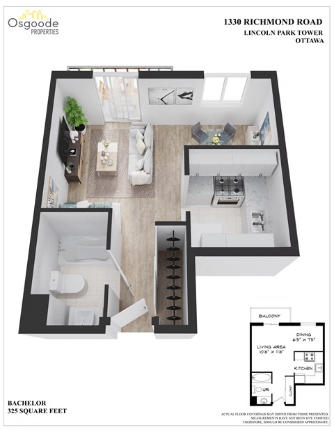 Floor plan for studio, 1 bath, 325 sqft