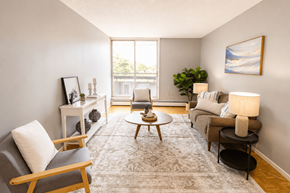 Ottawa apartment for rent - A living room with a grey rug, a grey sofa, a wooden chair, a wooden coffee table, a white side table, a white wall, a window, a plant, and a painting.