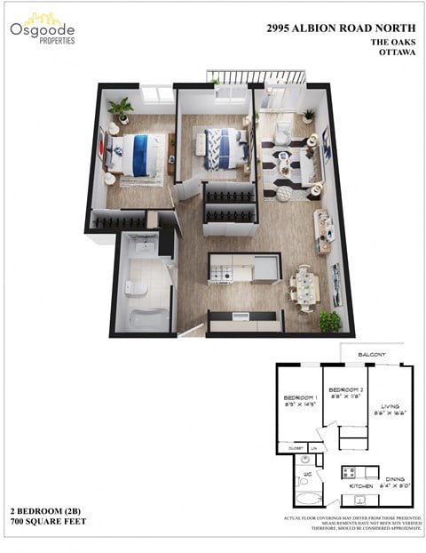 Floor plan for 2 beds, 1 bath, 700 sqft