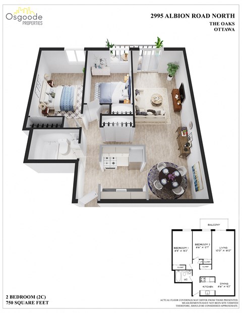 Floor plan for 2 beds, 1 bath, 750 sqft