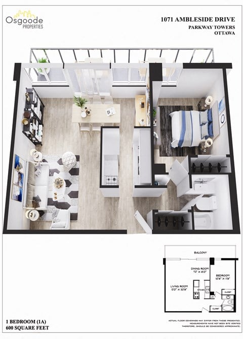 Floor plan for 1 bed, 1 bath, 600 sqft