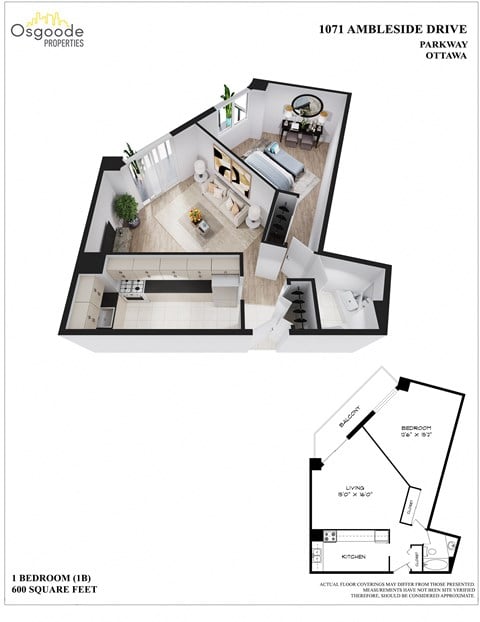 Floor plan for 1 bed, 1 bath, 600 sqft