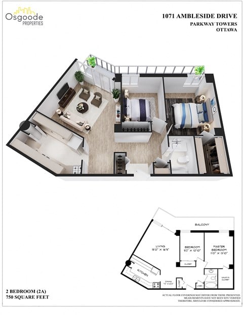 Floor plan for 2 beds, 1 bath, 750 sqft