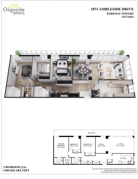 Floor plan for 3 beds, 2 baths, 1300 sqft