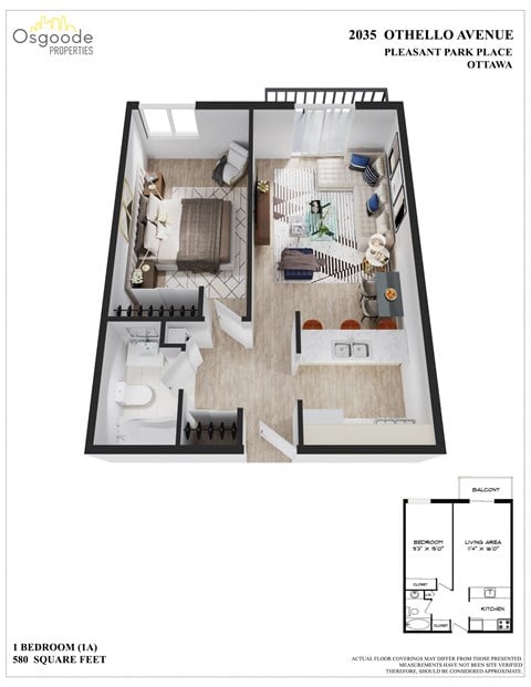 Floor plan for 1 bed, 1 bath, 600 sqft