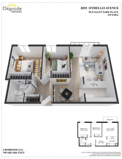 Floor plan for 2 beds, 1 bath, 750 sqft