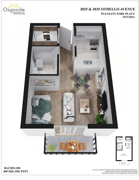 Floor plan for studio, 1 bath, 400 sqft