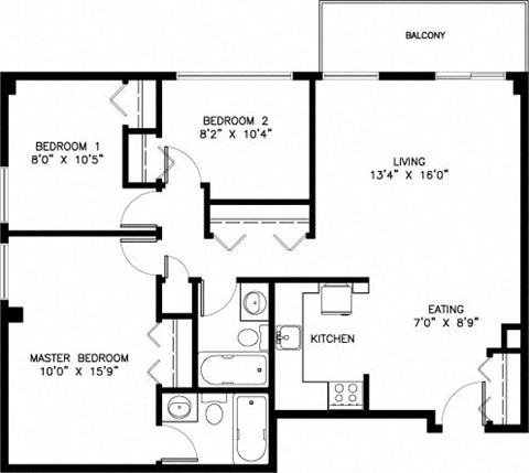 Floor plan for 3 beds, 2 baths, 750 sqft