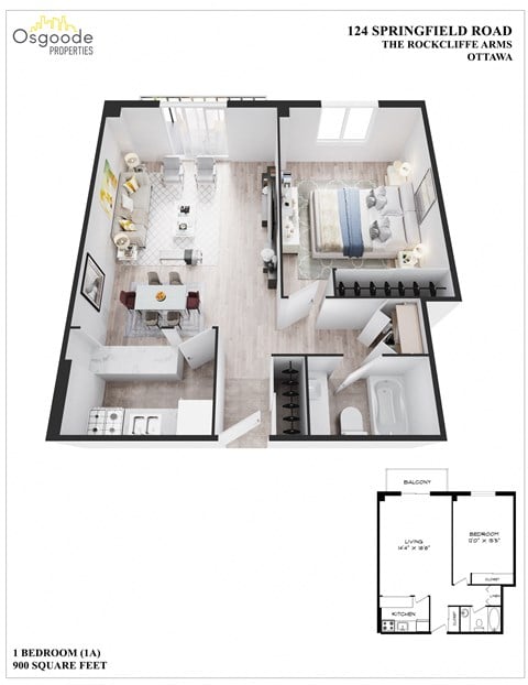 Floor plan for 1 bed, 1 bath, 900 sqft