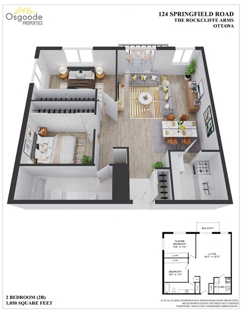 Floor plan for 2 beds, 1 bath, 1050 sqft