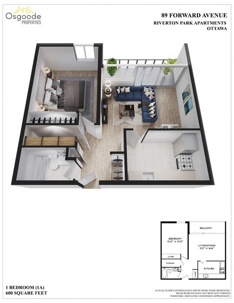 Floor plan for 1 bed, 1 bath, 625 sqft