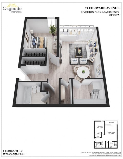 Floor plan for 1 bed, 1 bath, 625 sqft