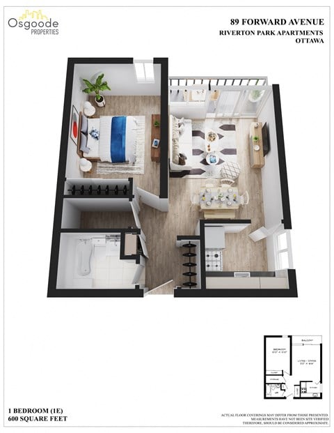 Floor plan for 1 bed, 1 bath, 625 sqft