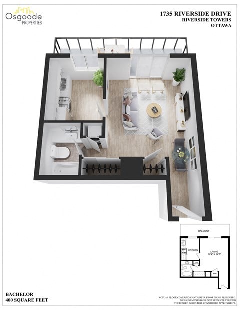 Floor plan for studio, 1 bath, 400 sqft