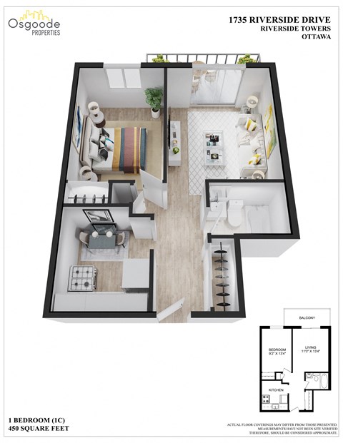 Floor plan for 1 bed, 1 bath, 450 sqft