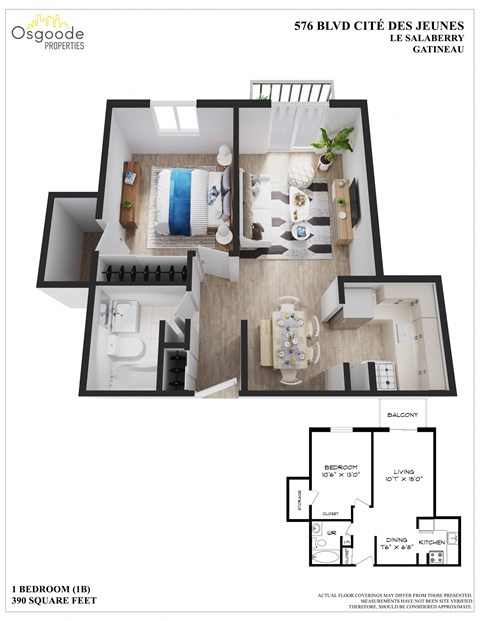 Floor plan for 1 bed, 1 bath