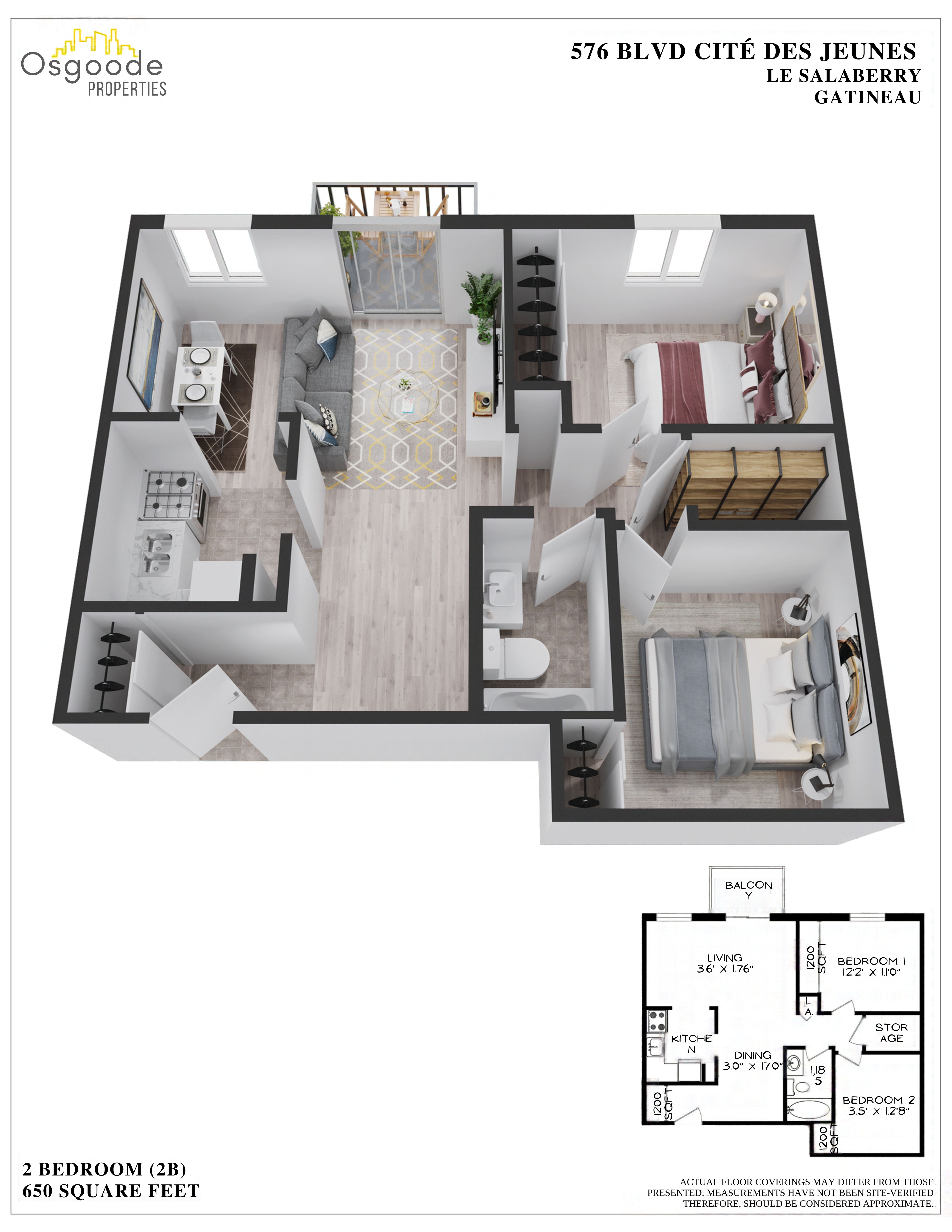 Floor plan for 2 beds, 1 bath, 650 sqft