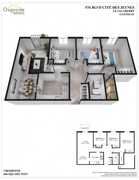 Floor plan for 3 beds, 1 bath, 750 sqft