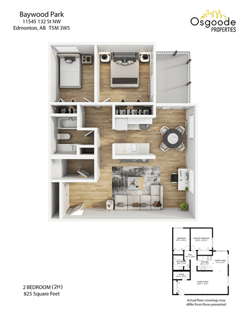 Floor plan for 2 beds, 1 bath, 850 sqft