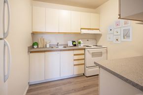 Kingston apartment for rent - A kitchen with a white oven and a white fridge.