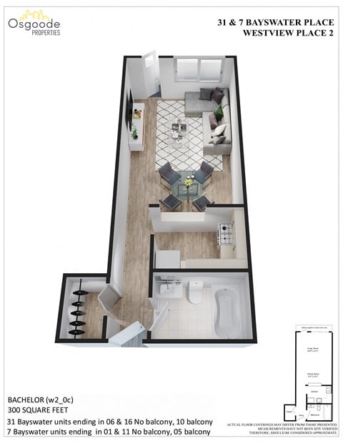 Floor plan for studio, 1 bath, 300 sqft