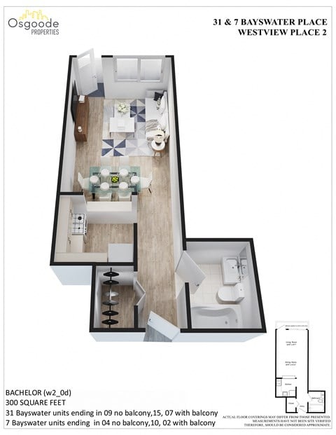 Floor plan for studio, 1 bath, 300 sqft