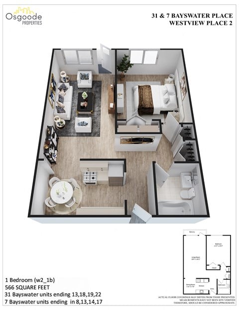 Floor plan for 1 bed, 1 bath, 566 sqft