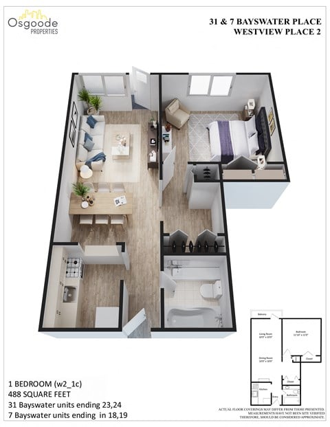 Floor plan for 1 bed, 1 bath, 488 sqft