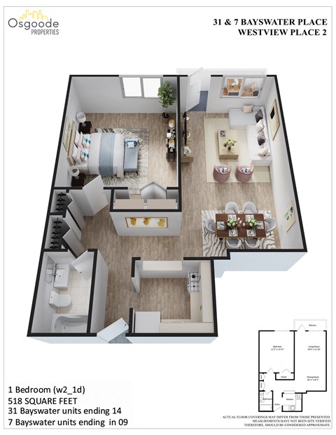 Floor plan for 1 bed, 1 bath, 518 sqft