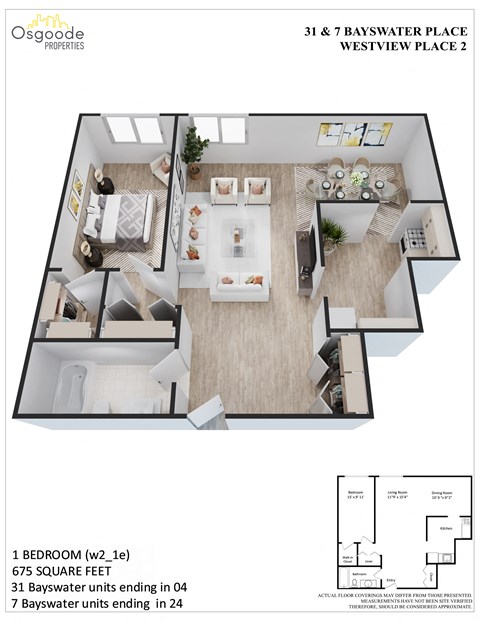 Floor plan for 1 bed, 1 bath, 675 sqft