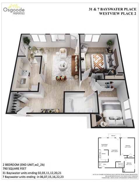 Floor plan for 2 beds, 1 bath, 790 sqft