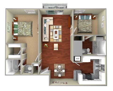 Floor plan for 2 beds, 2 baths, 1135 sqft